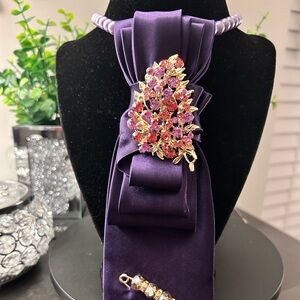 Royal Plum Statement Necktie Necklace with Crystal Brooch